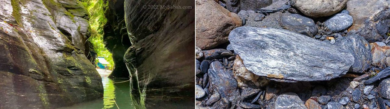 Left: smooth rockface of the canyon, Right: the bluish-gray stones on the riverside