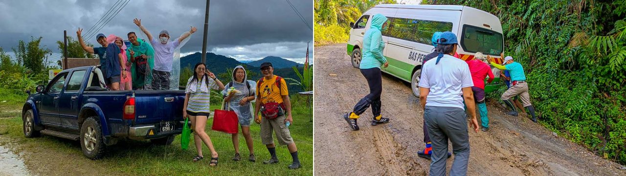 Left: 4-wheel-drive and passengers, Right: van stranded in muddy road