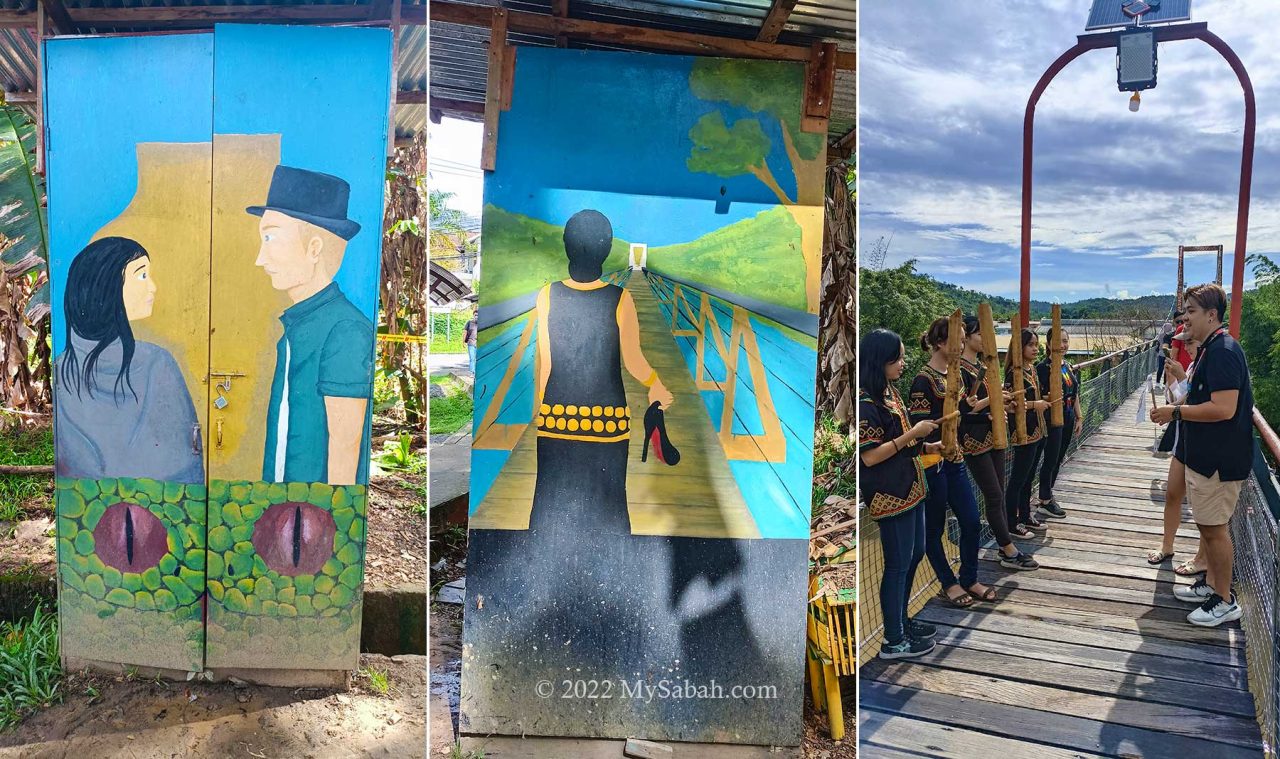 Left: story of Solungkoi. Middle: drawing about the song Jambatan Tamparuli. Right: playing the music on the bridge