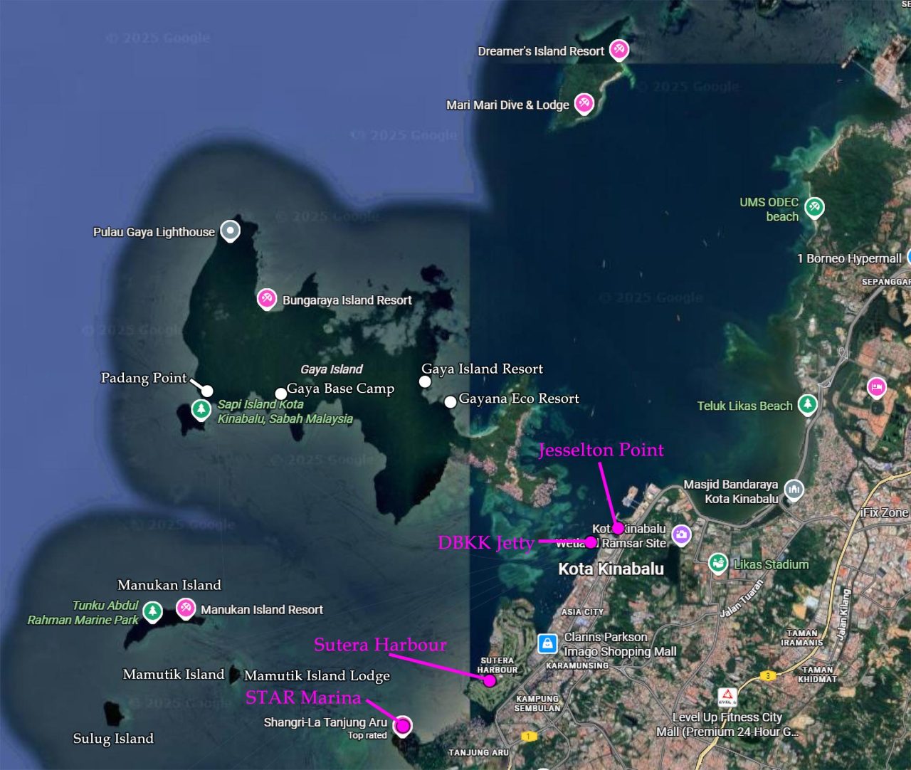 Location map of 4 boat terminals (pink) and neighboring islands of Kota Kinabalu City