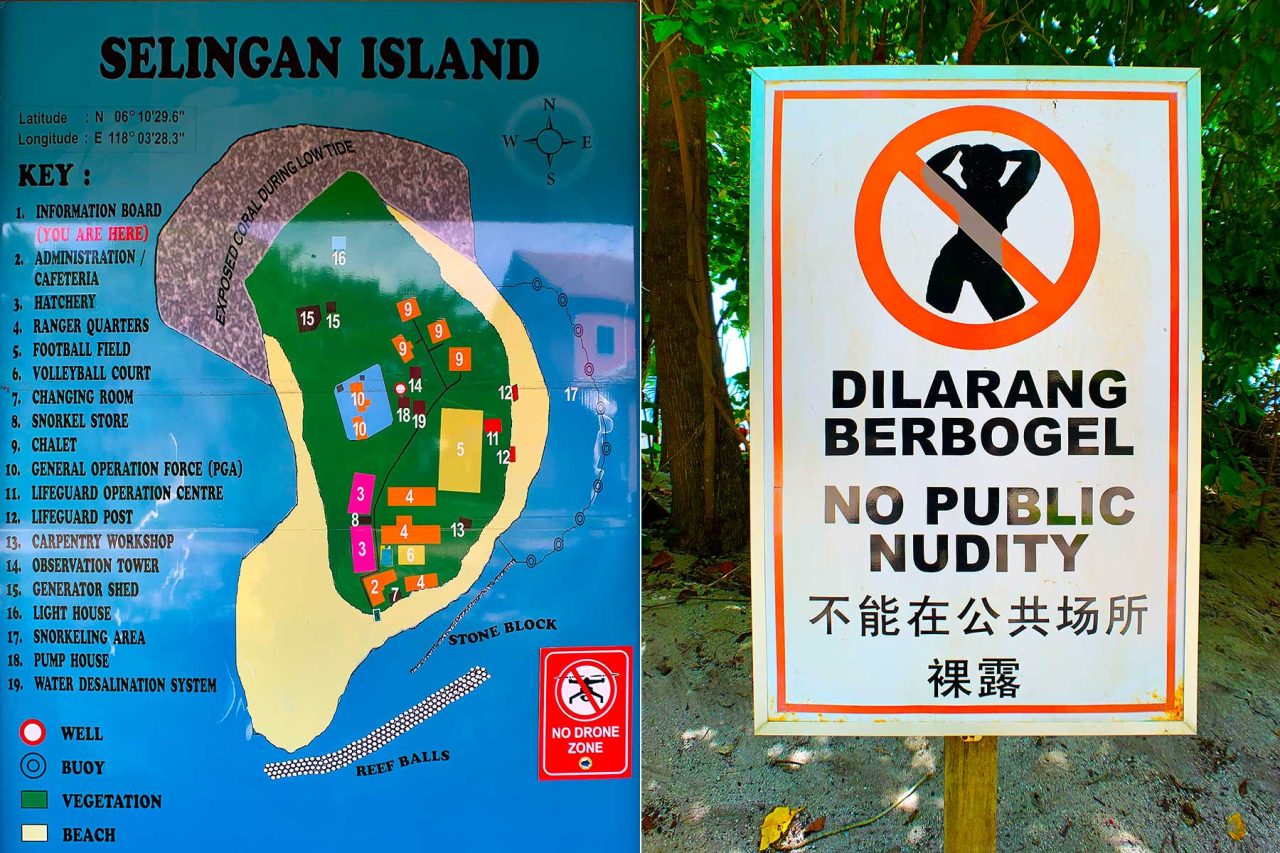 Left: site map of Selingan Island, Right: No nudity warning sign at the beach