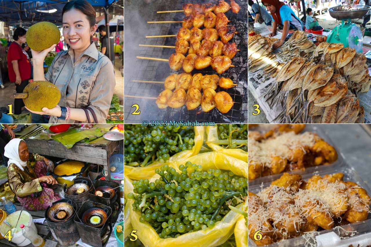 Things to buy at tamu. 1. Tarap fruit, 2. Chicken tail satay, 3. Salted fishes, 4. Penjaram cake, 5. Latok seaweed (or sea grapes), 6. Fried banana fritters with cheese (pisang goreng cheese)