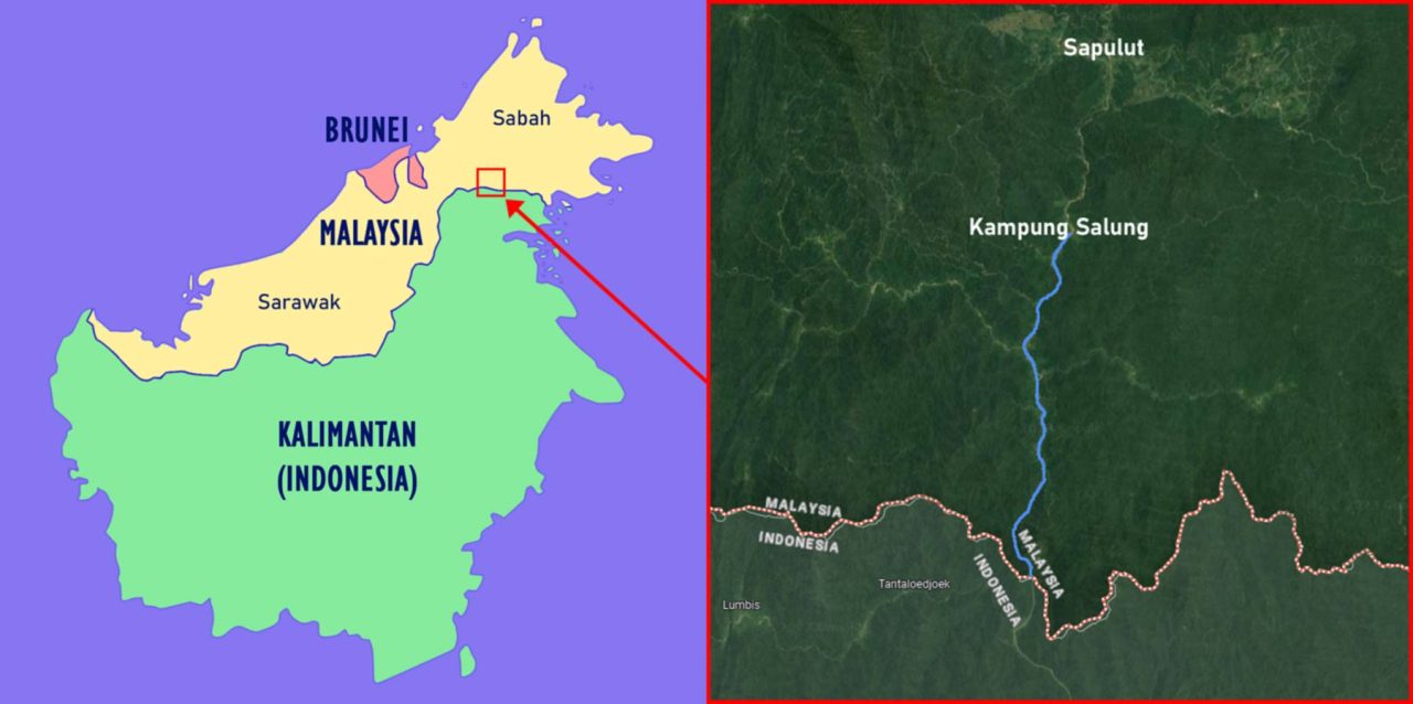 Left: Map of Borneo and its countries. Right: river passage from Sapulut to Kalimantan