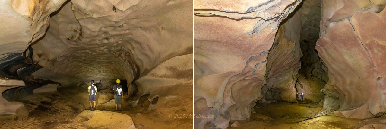 Left: the cave looks like the throat of a dragon. Right: the limestone in pink color.