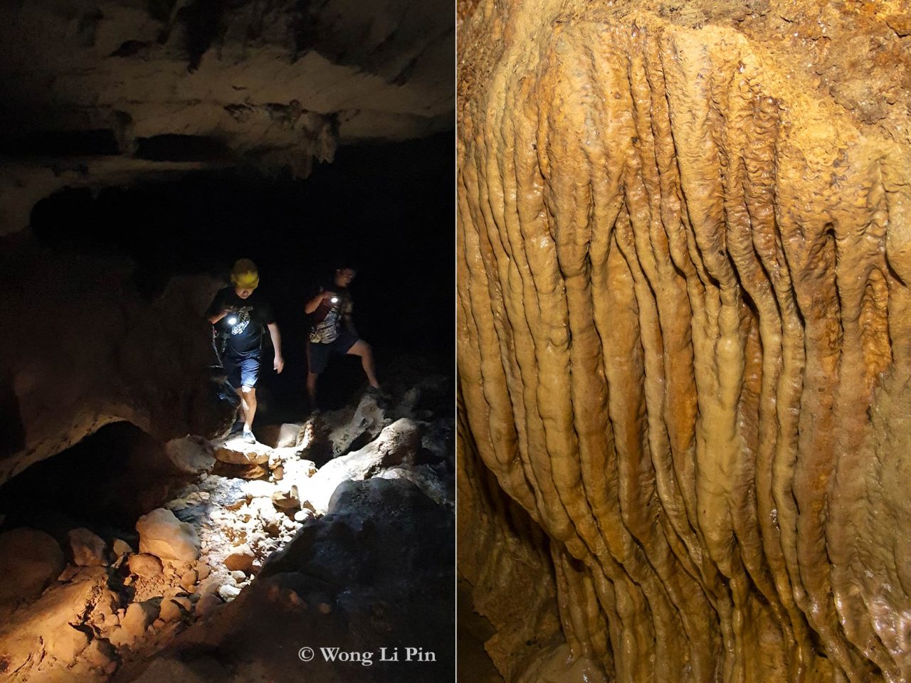 Left: exploring Pungiton Cave in the dark. Right: Flowstones, sheets of calcium carbonate on the cave walls