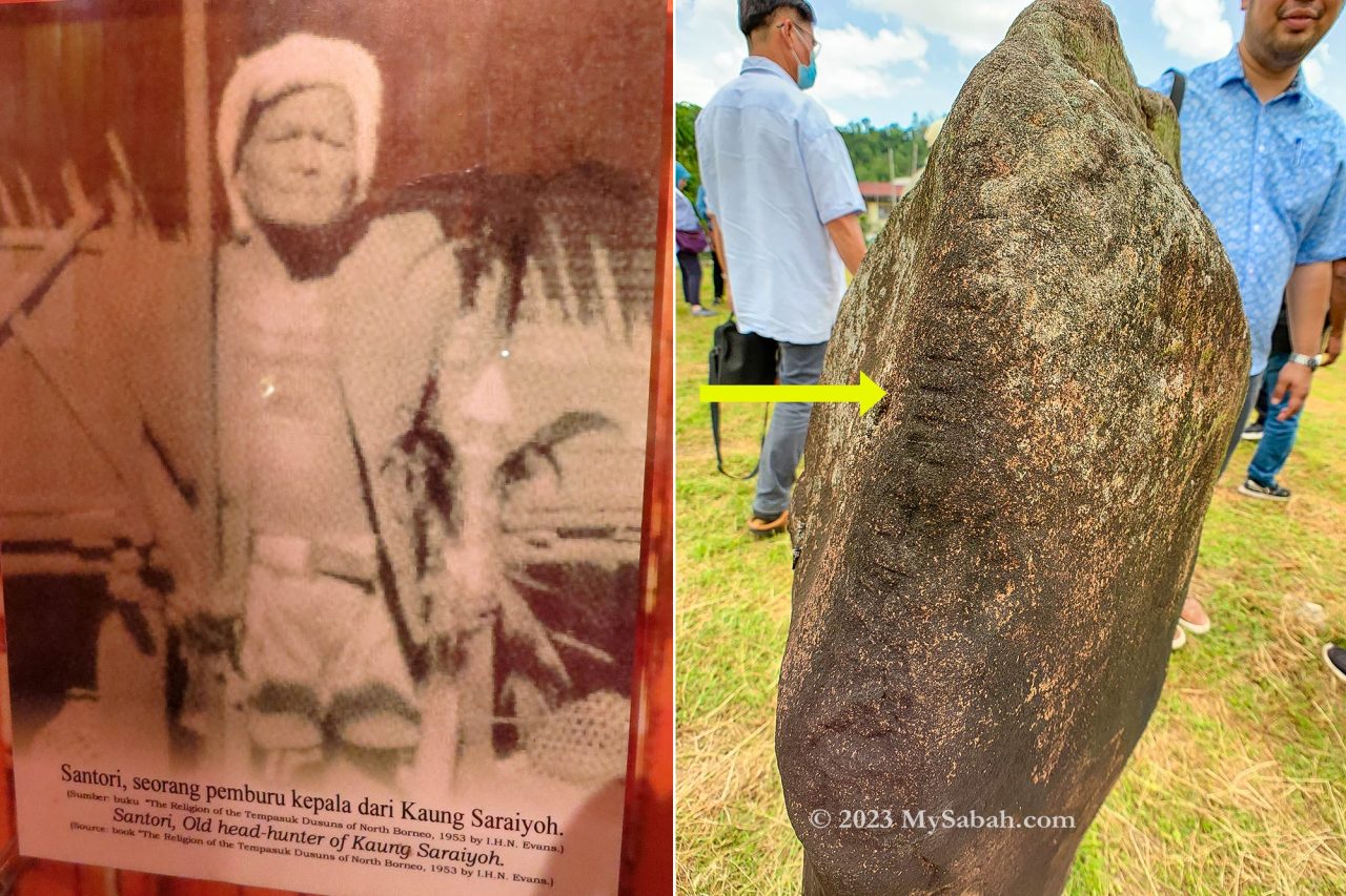 Left: old photograph of a Dusun headhunter. Right: The number of the notches on the tombstone represents the number of heads taken by the deceased.