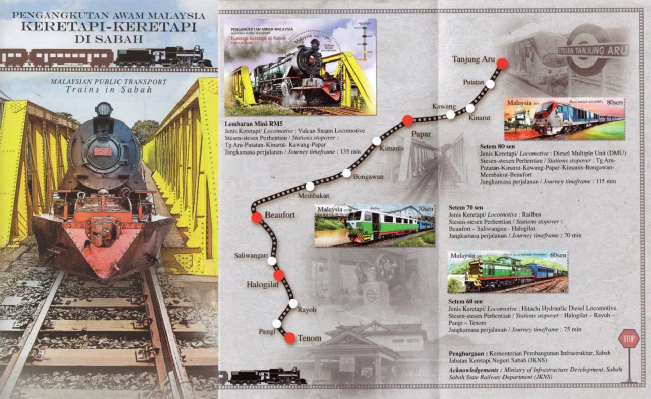 Stamps of Trains in Sabah, issued on 28 Dec 2015 by POS Malaysia