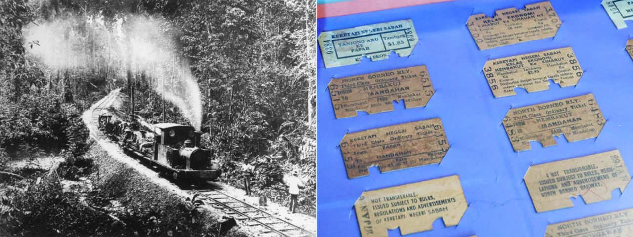 Left: The first train in North Borneo (photo taken on 3 Feb 1898). Right: the train tickets of old days (displayed in Train Gallery of Sabah Museum)