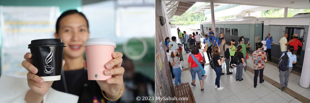 Left: coffee break before departure. Right: start of North Borneo train tour