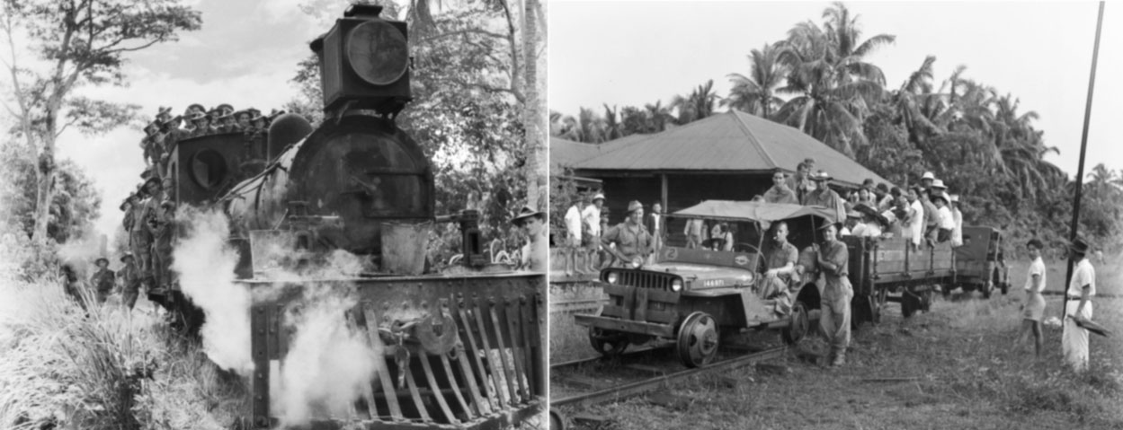 Left: The train was an important transportation during World War II. Right: a jeep train carrying troops and locals at Kinarut station