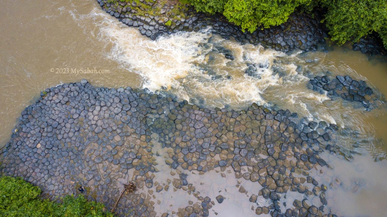 Aerial view of Batu Bersusun (Columnar Basalt) in Sungai Balung, Tawau