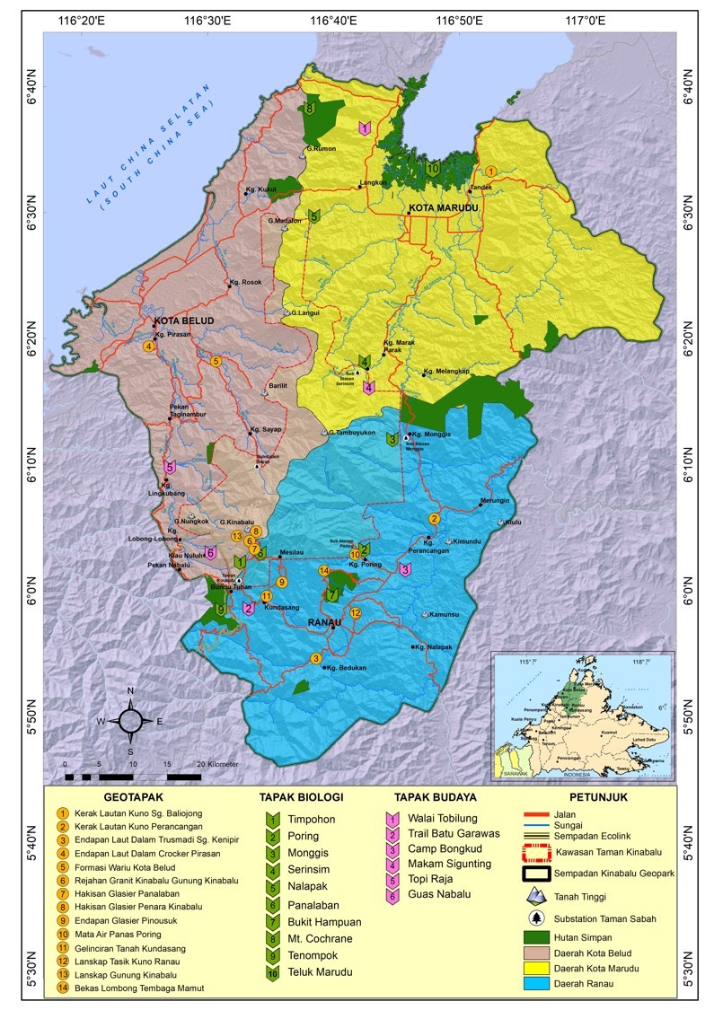 Location map of 30 geosites (with geological, biological or cultural heritage value) under Kinabalu UNESCO Global Geopark