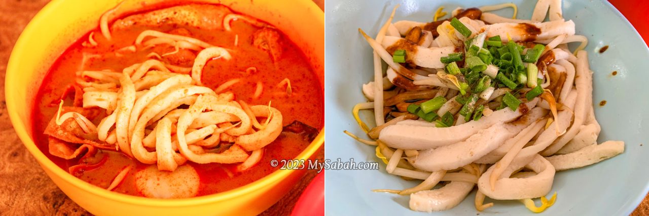 Tom-yam soup (left) and dry (right) styles of fish paste noodles