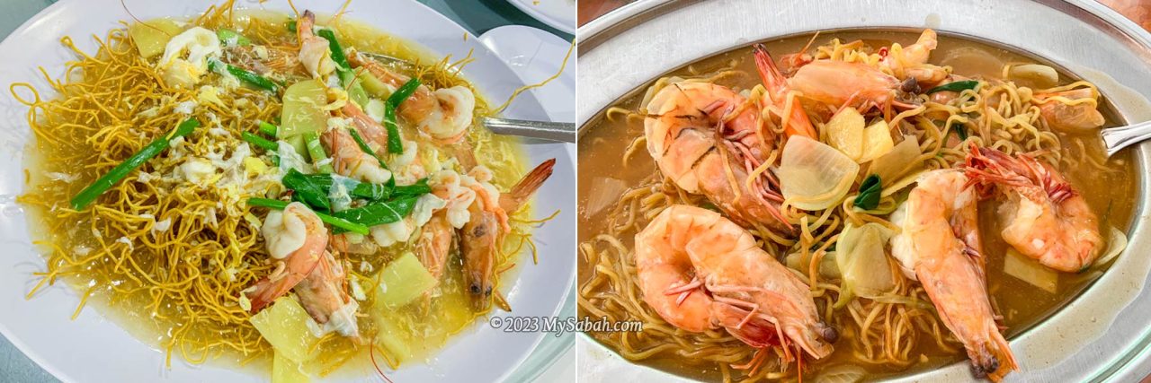 Left: crispy seafood noodle, Right: seafood noodle with lihing (local wine)