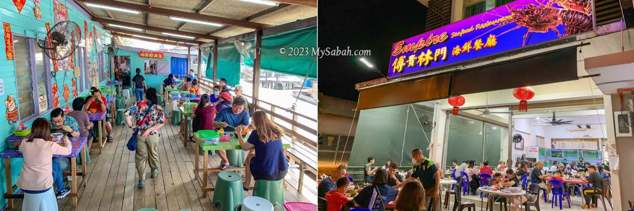 Left: Kopitiam or Kedai Kopi (open air cafe). Right: seafood restaurant