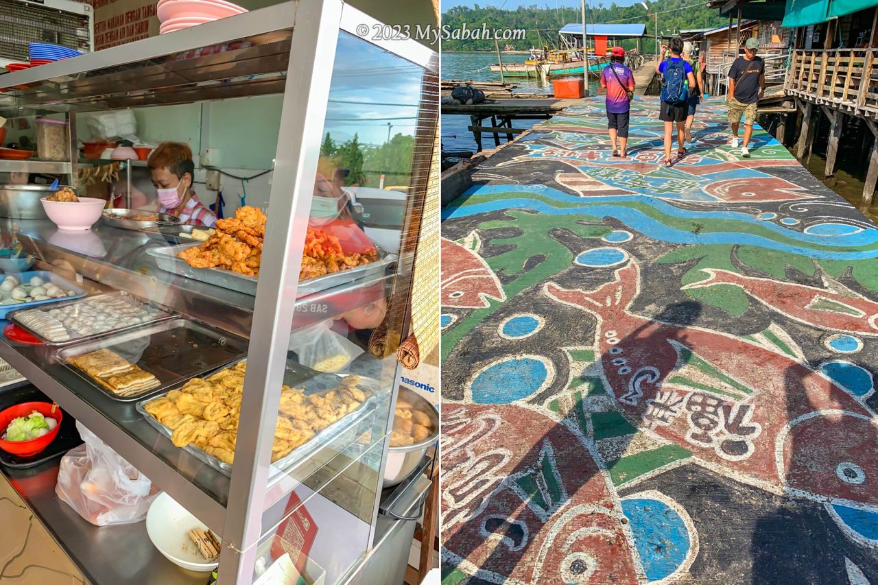 Left: a shop that sells seafood noodle. Right: Fishboat Street Sandakan (渔船街) at Kampung Pukat of Sandakan