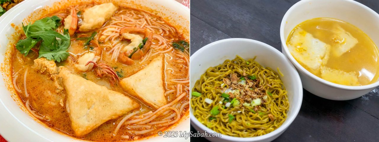 Left: Sandakan fish cakes in tom-yam seafood noodle soup of Mr. Fish Restaurant. Right: seafood noodle of Kedai Kopi Tien Hwa (天华茶室) in Keningau