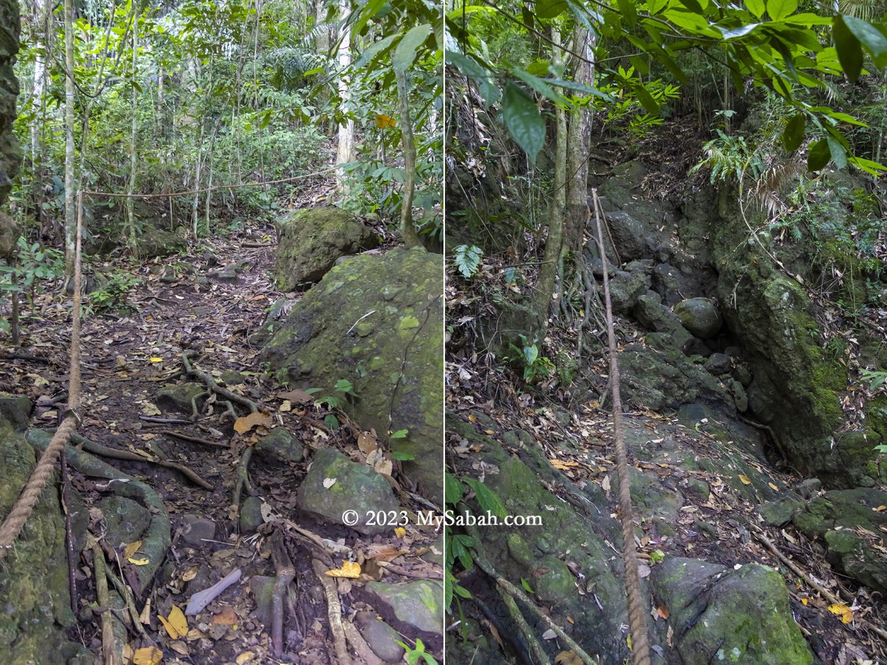 Left: start of the climbing trail. Right: the waterfall trail is the steepest section