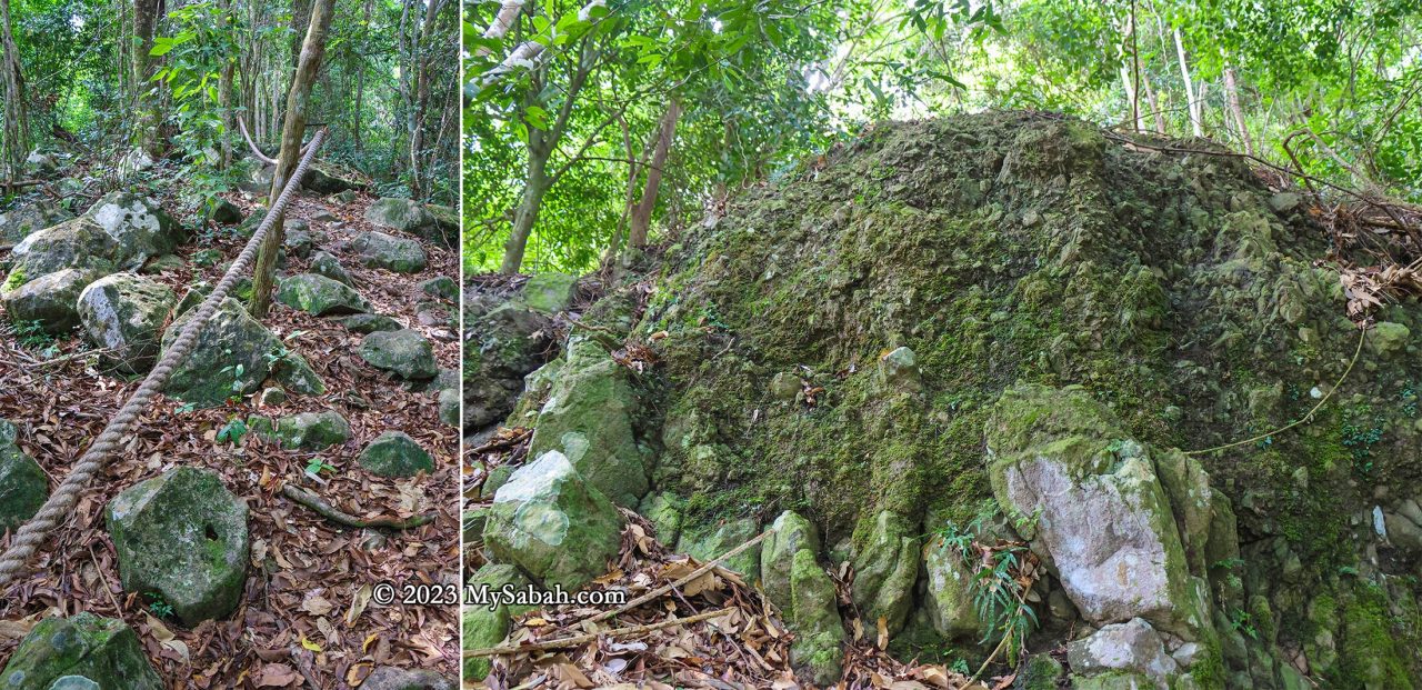 The exposed volcanic rocks along the trail