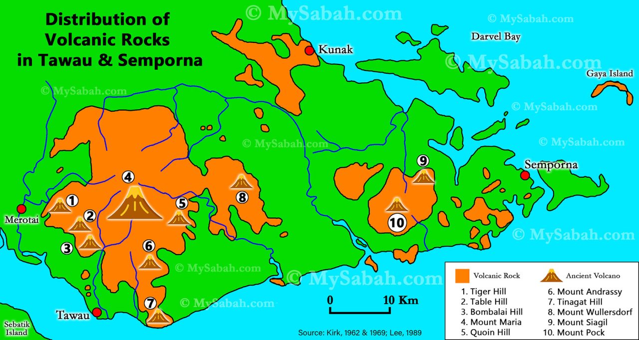 Map: distribution of volcanic rocks and ancient volcanoes in Tawau and Semporna