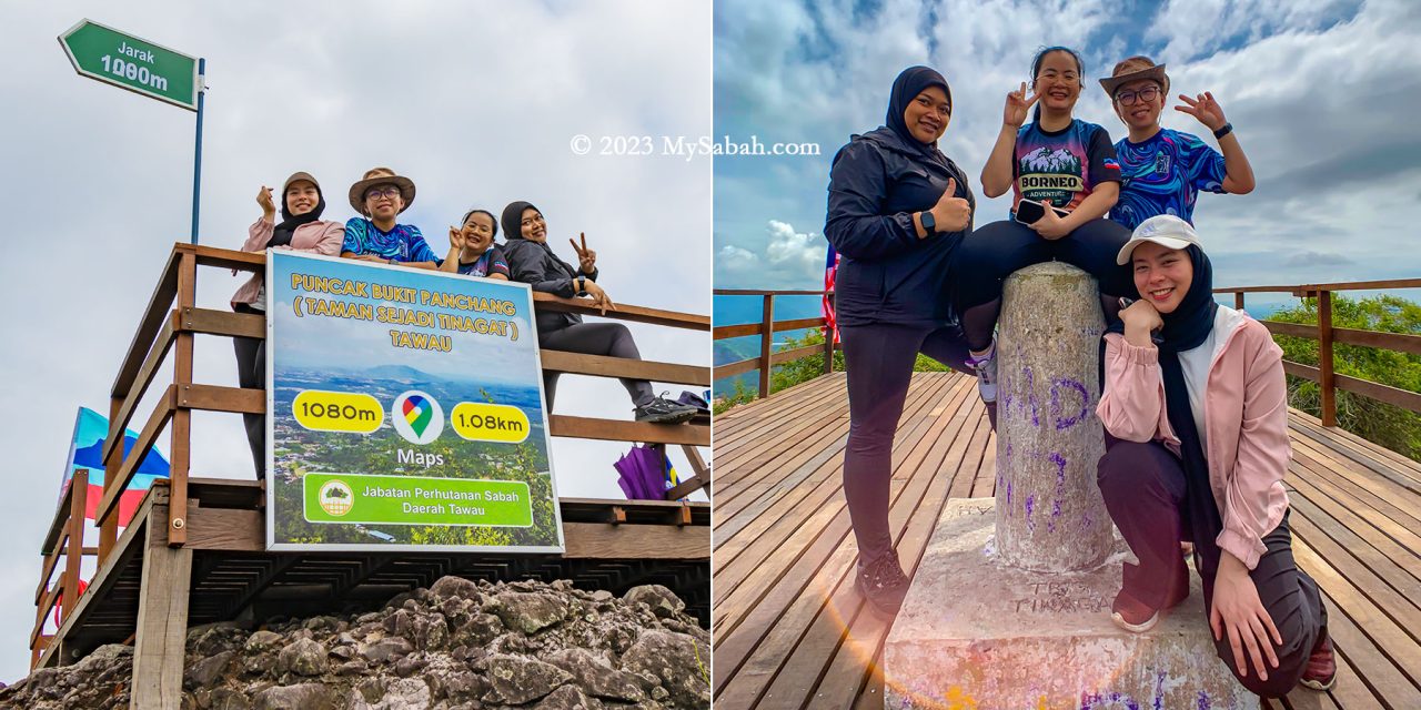 Group photos on the wooden platform and next to the trigonometrical point on the peak