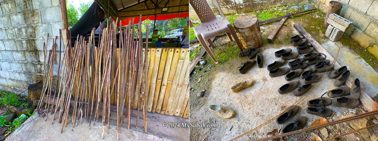 Walking sticks and Adidas Kampung shoes for rent