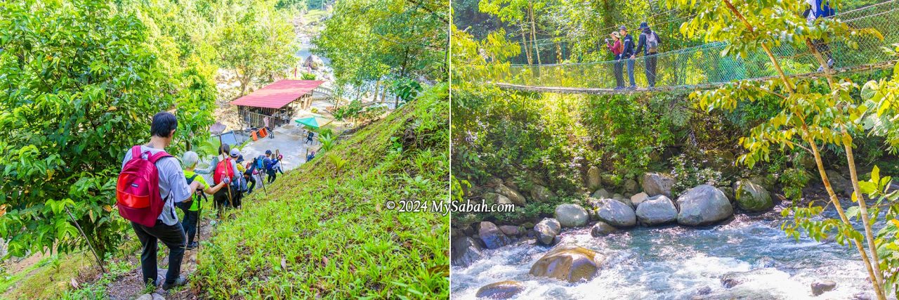 Left: the starting point of the loop trail. Right: the river under suspension bridge is a great spot to take shower after a long hike
