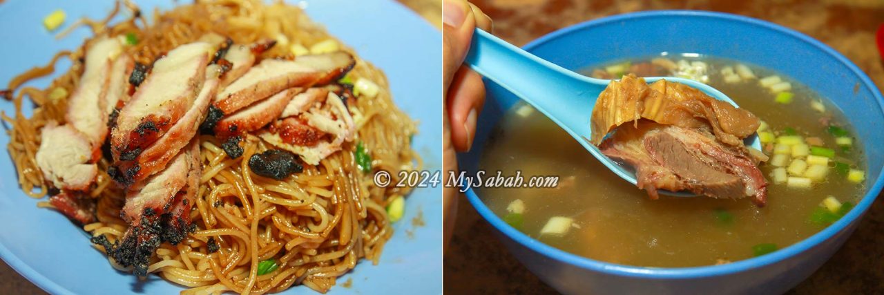 Left: Fried mihun with slightly burnt cha-sao (Char siu). Right: beef soup