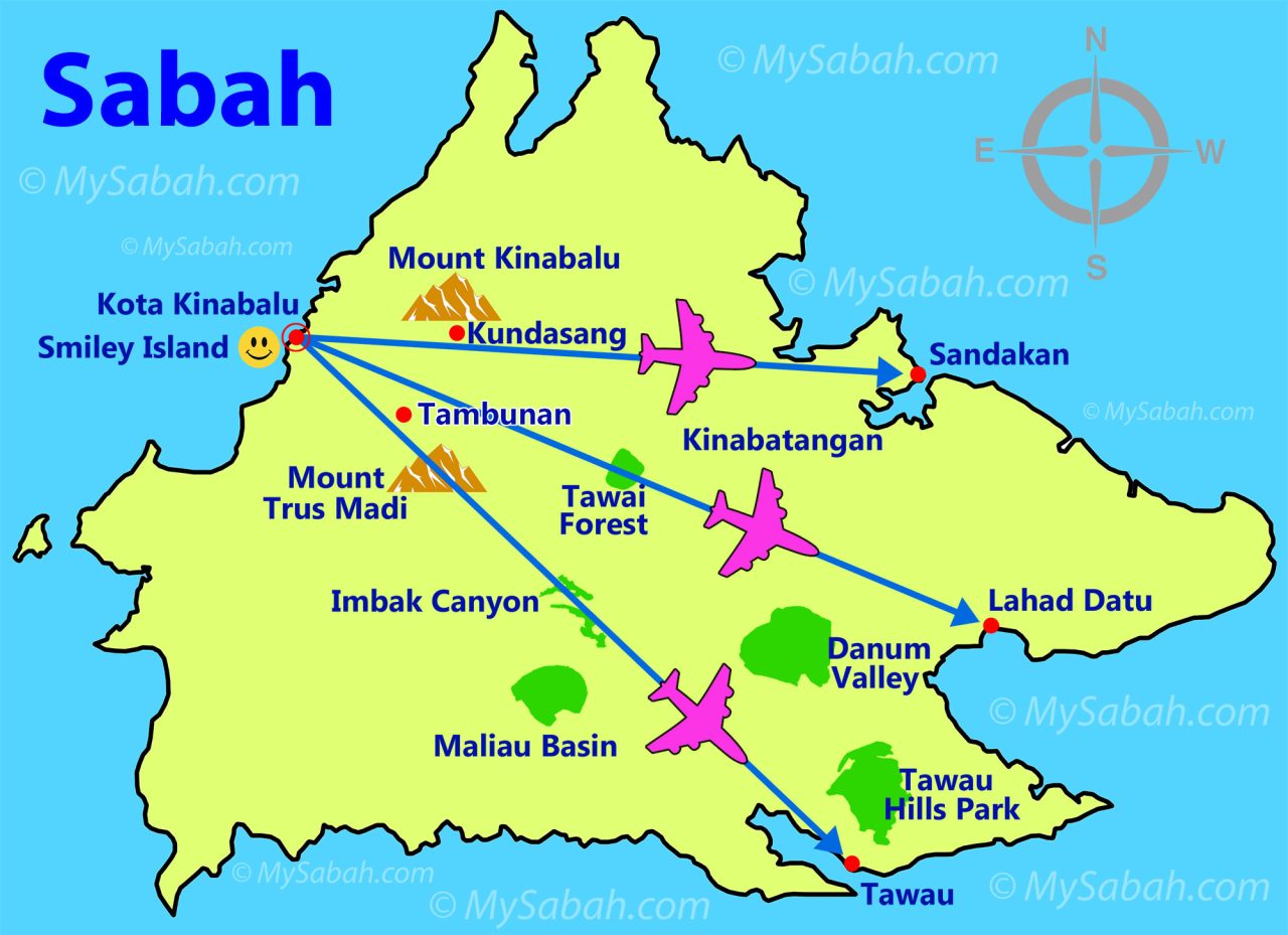 Route map of domestic flights in Sabah, from Kota Kinabalu City to Sandakan, Lahad Datu and Tawau