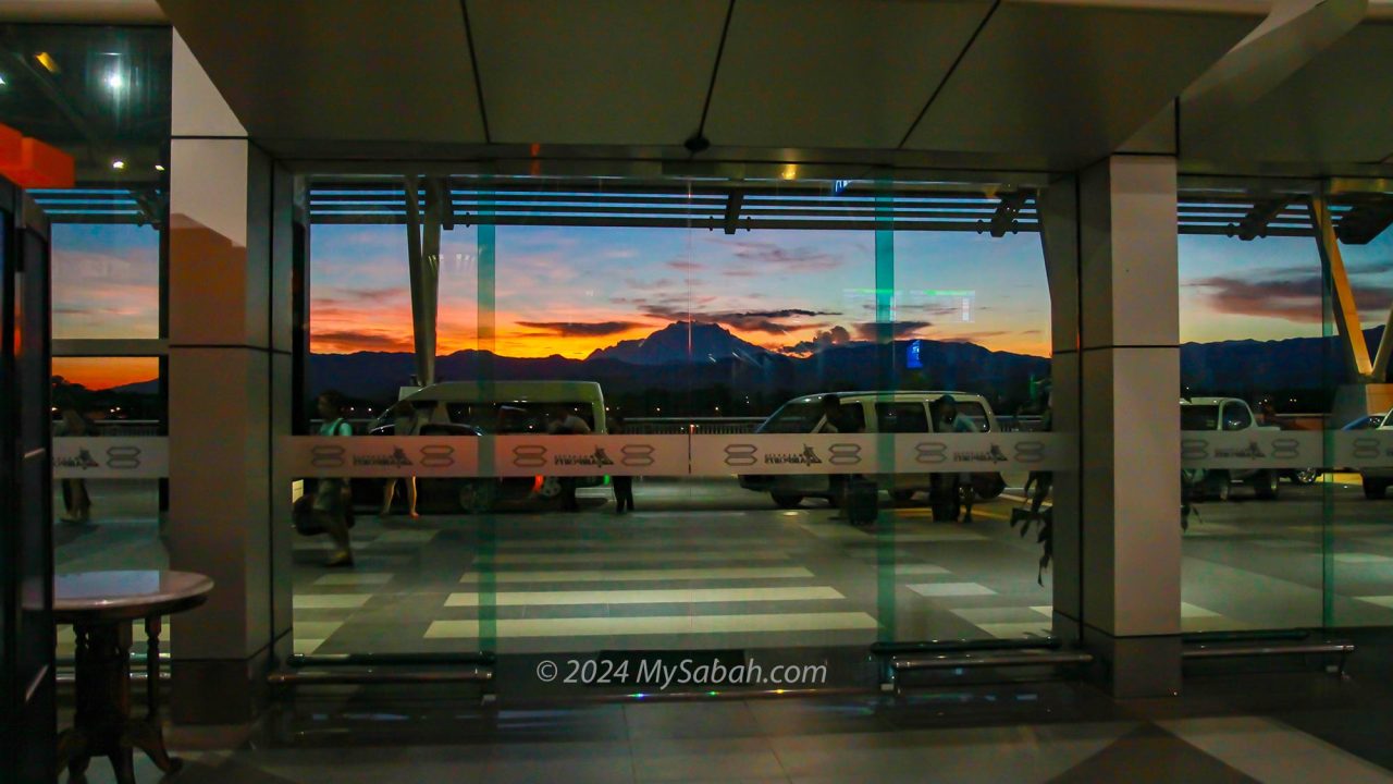 Door of KKIA with the morning view of Mount Kinabalu