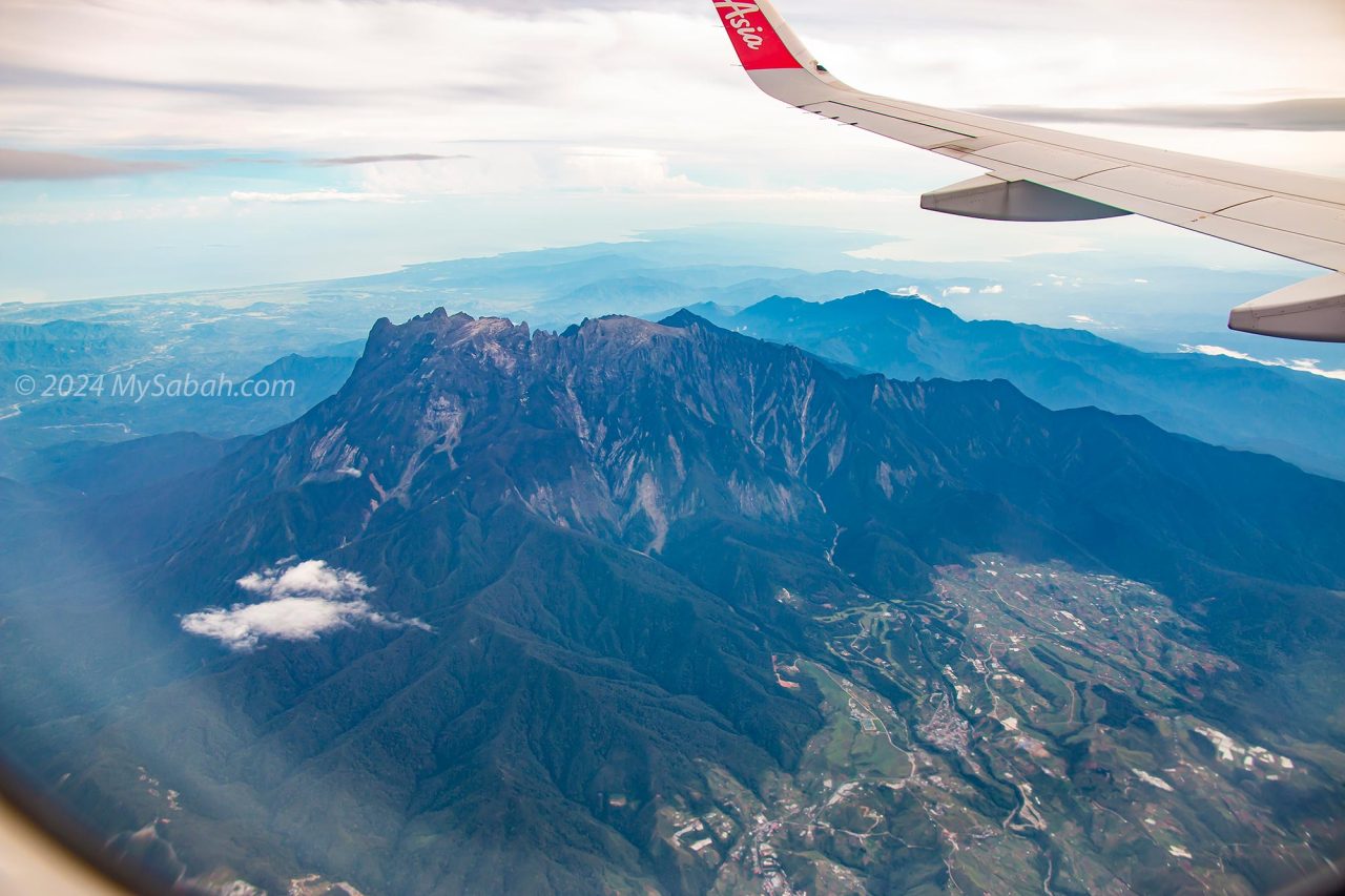 View of Mount Kinabalu and Kundasang town from the plane.