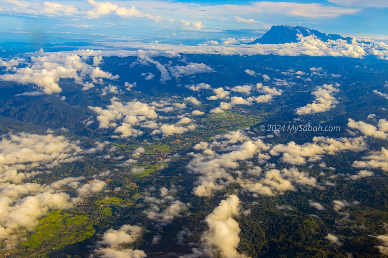 View of Mount Kinabalu and Tambunan Valley from the plane