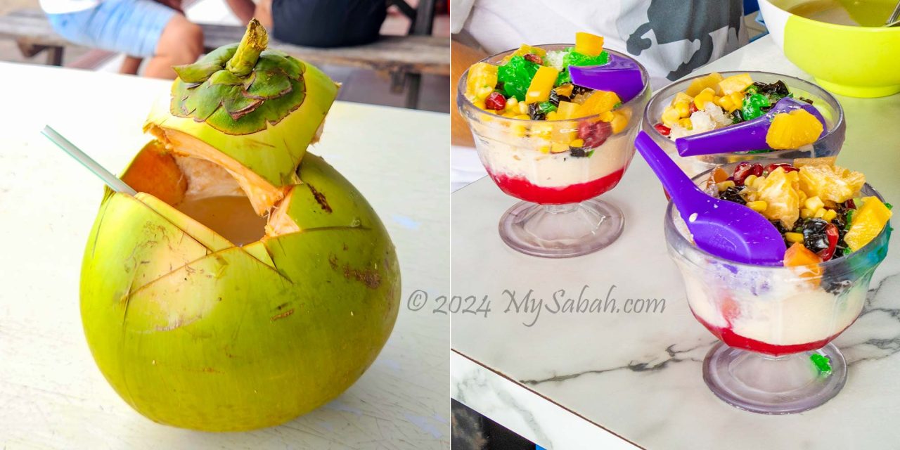 Coconut juice (left) and Ais Batu Campur (right)