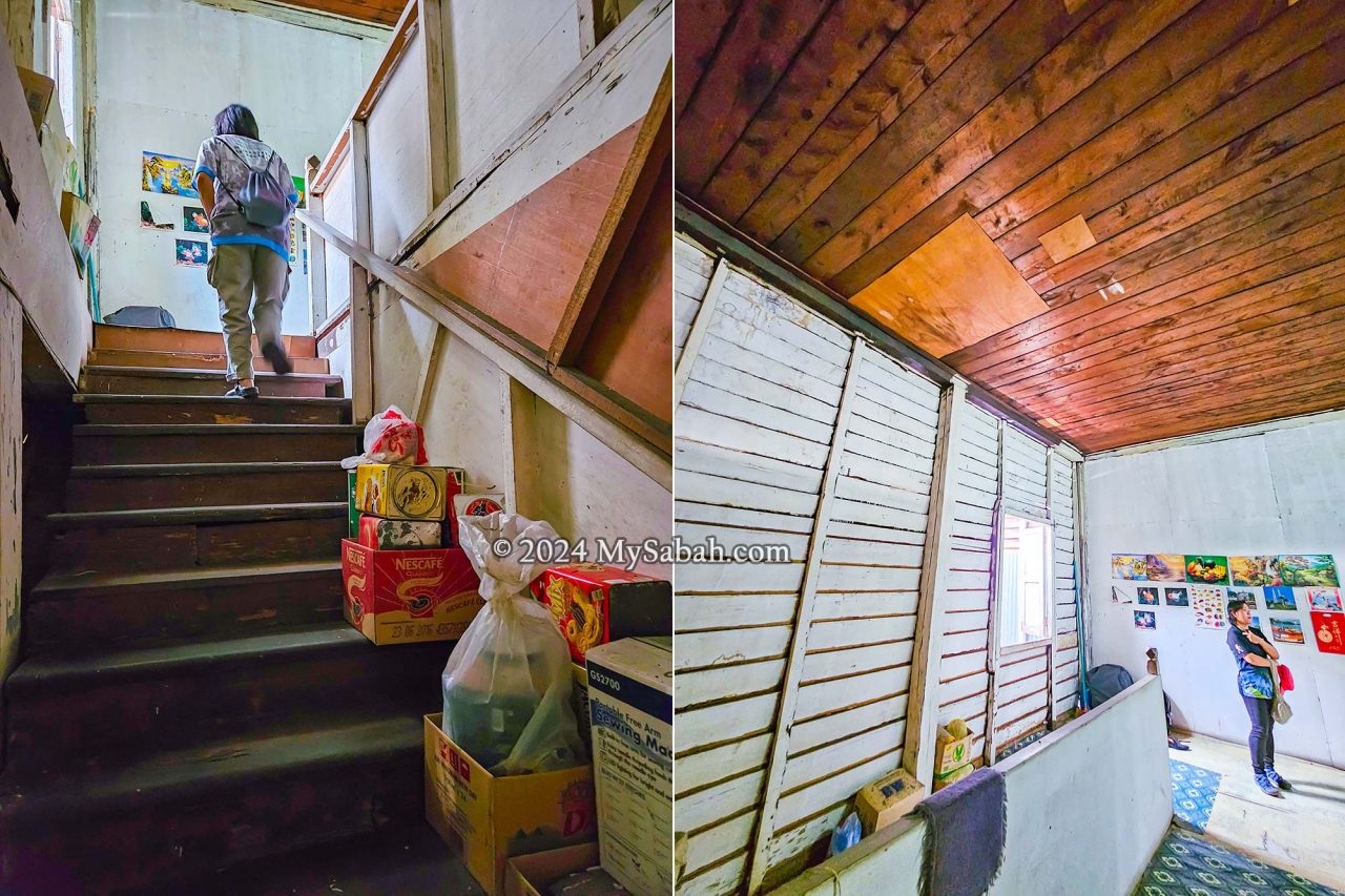 Left: staircase to the upper floor. Right: the wooden structures of upper floor.