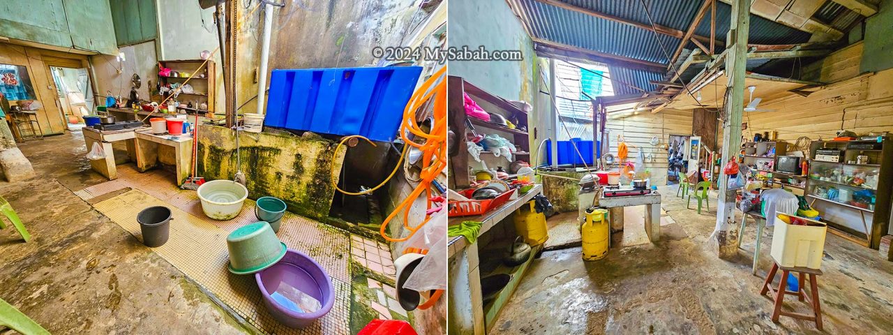 The kitchen area behind the shop of a post-war shophouse in Membakut