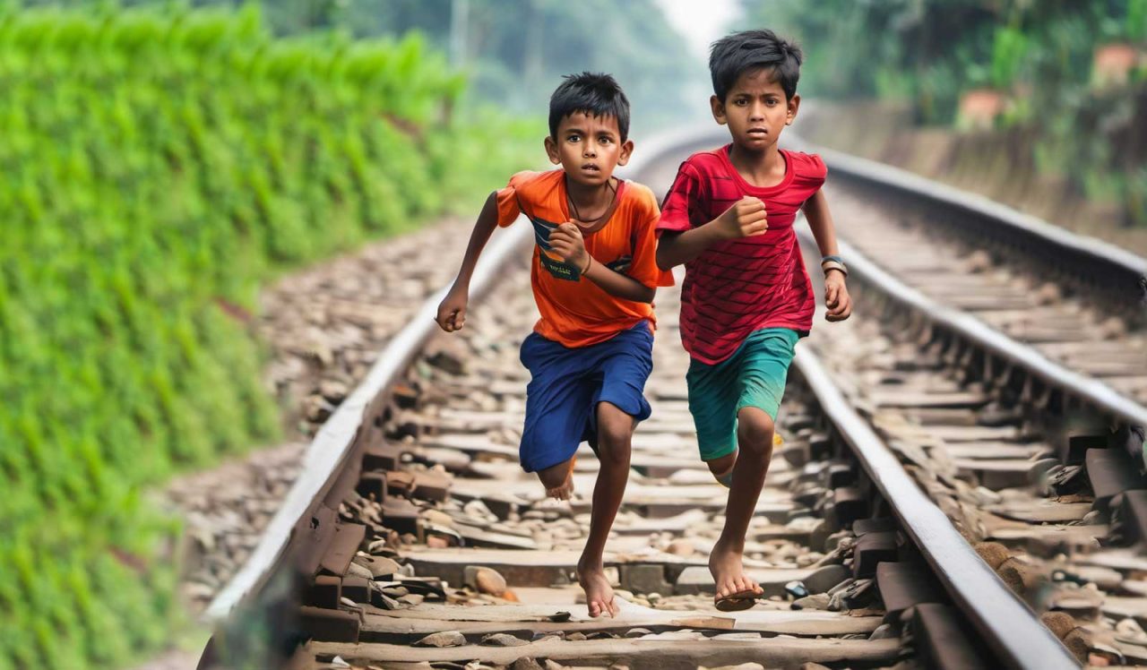 Two boys running on a railway track (AI photo)