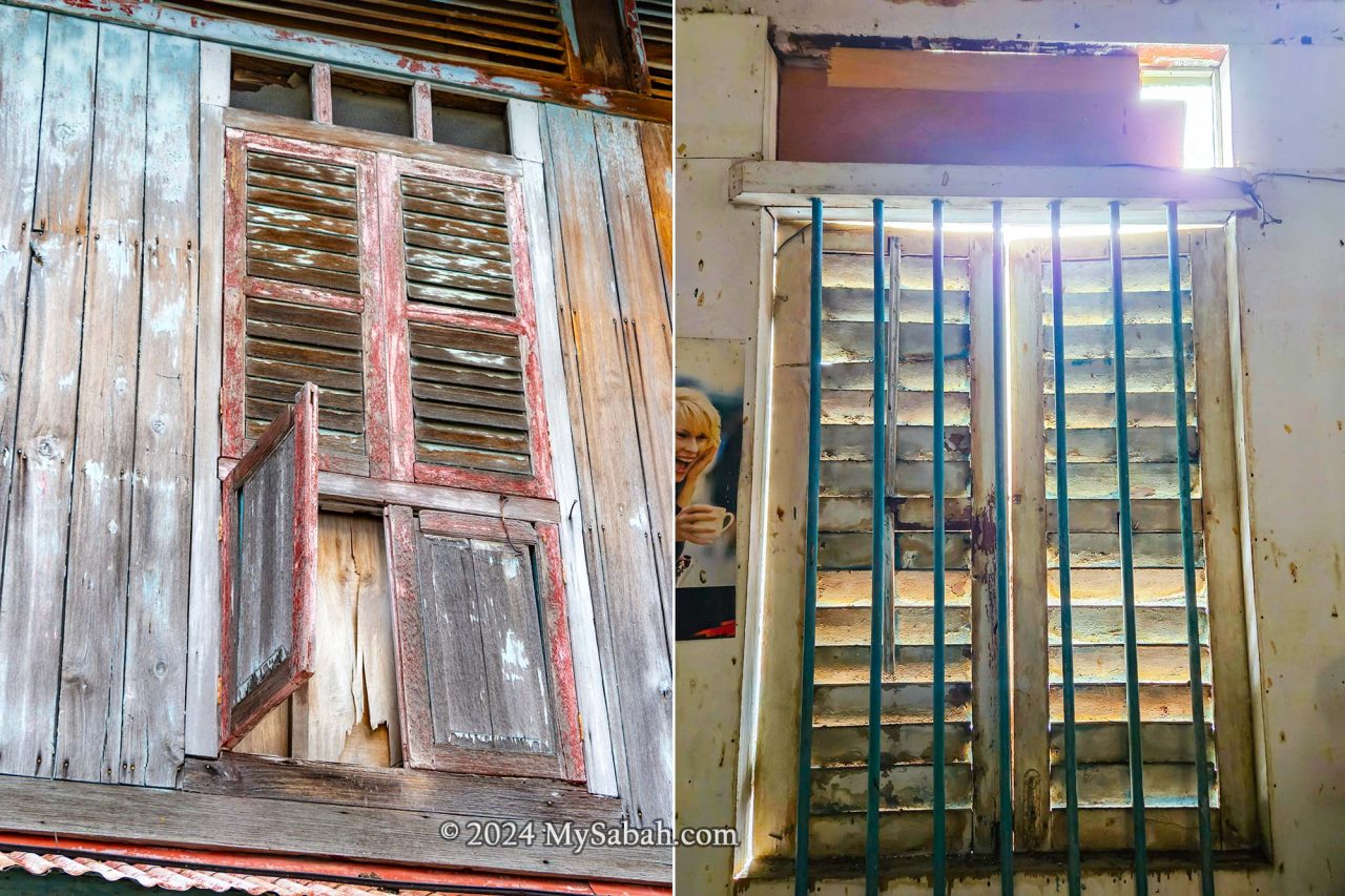 Outside and inside view of the old louvered casement windows