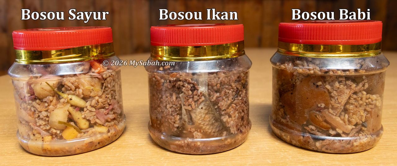 From left to right: Bosou Sayur (vegetables), Bosou Ikan (fish), and Bosou Babi (pork).