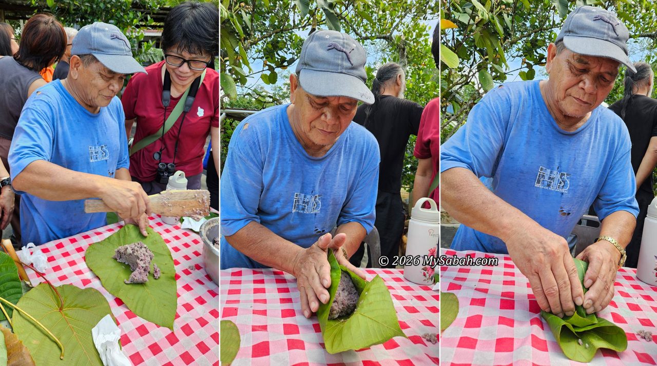 A demonstration on how to wrap linopot by Mr. Albert from Tuaran. From left to right: Pouring the rice onto the leaf, pressing from all sides to compact the rice, and wrapping the rice.