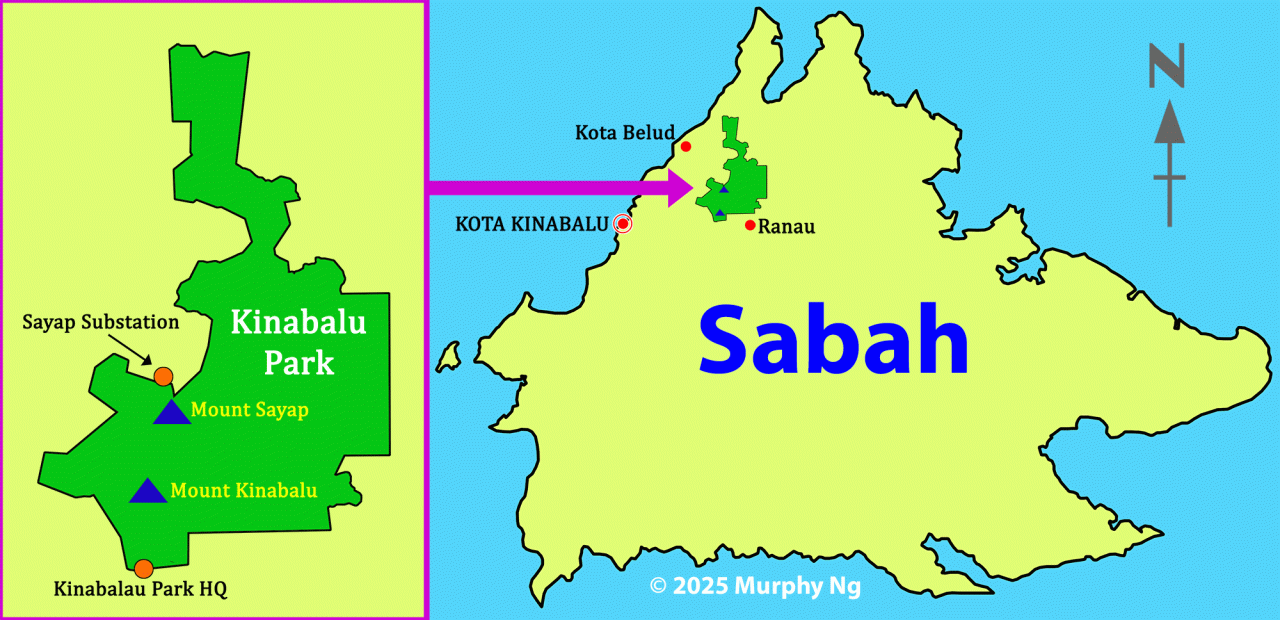 Location of Mount Sayap and Mount Kinabalu in Kinabalu Park