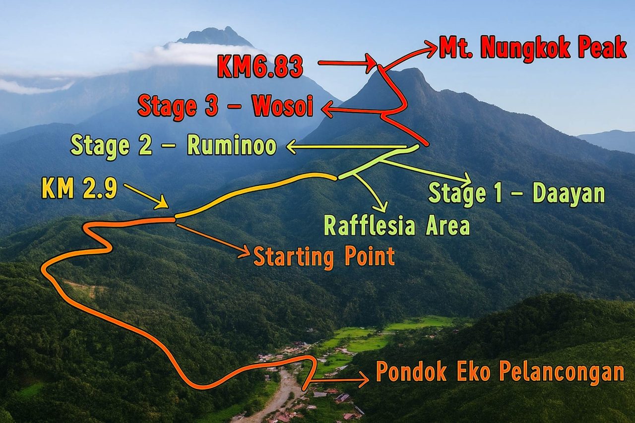 Trail Map to the Peak of Mount Nungkok from Kampung Tambatuon Village, Kota Belud