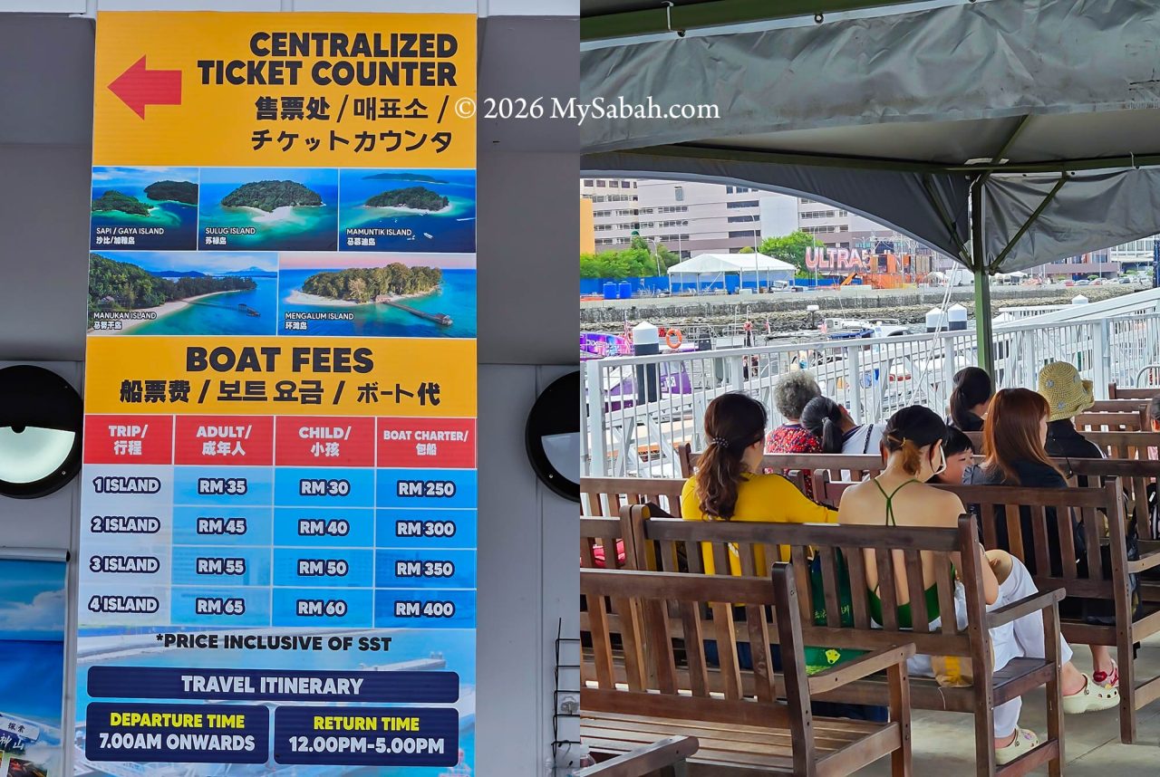 Left: Standard ticket prices of return boat transfer to the islands. Prices are as of Feb 2026. Right: Waiting area before boarding