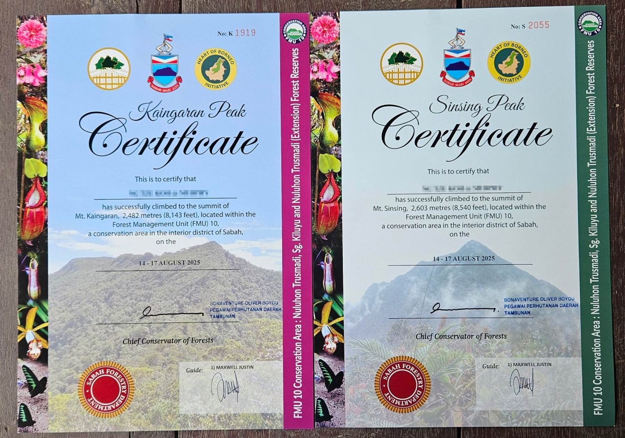 Climbing certificates from Mount Sinsing and Mount Kaingaran