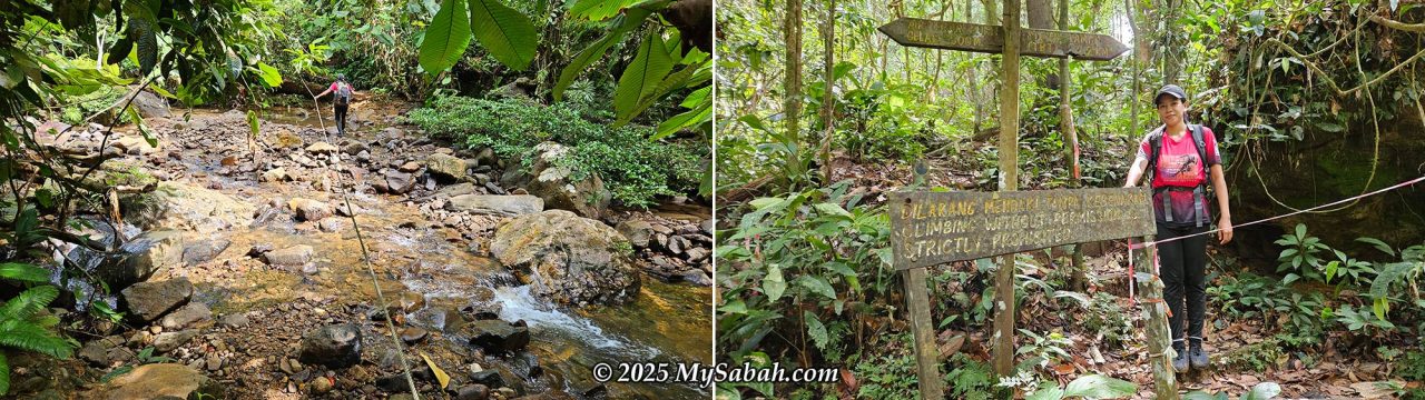 Left: crossing a stream. Right: junction to the summit trail at KM 2.2