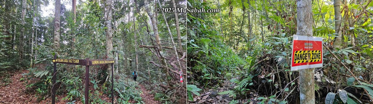 Left: The 800-meter marker, where the path splits toward the mountains and waterfalls. Right: Navigating the Danger Zone—a tight trail with a dramatic drop-off.