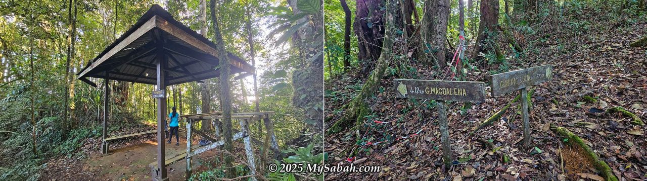 Left: Gazebo break at the 1/3 mark (Pondok Bumburing). Right: Junction for Mount Magdalena and Mount Lucia.