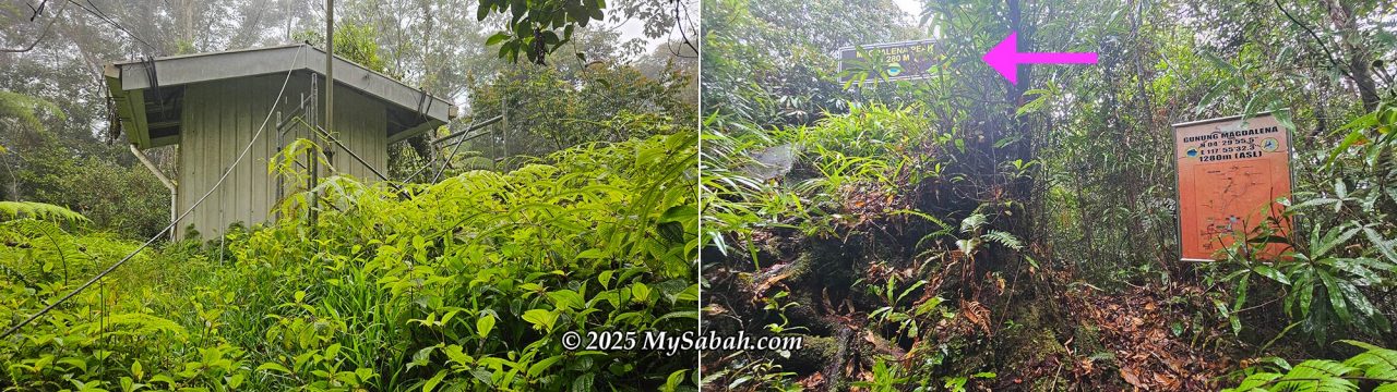 Left: Repeater hut. Right: The summit signboard of Mount Magdalena