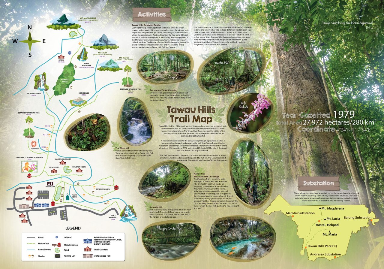 Site map and hiking trails of Tawau Hills Park from the Sabah Parks brochure