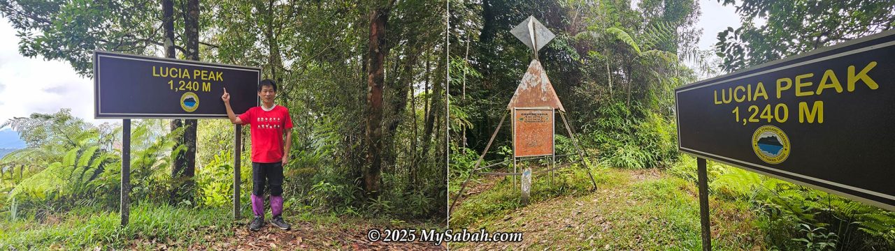 The summit signboard and trigonometric station on the peak of Mount Lucia
