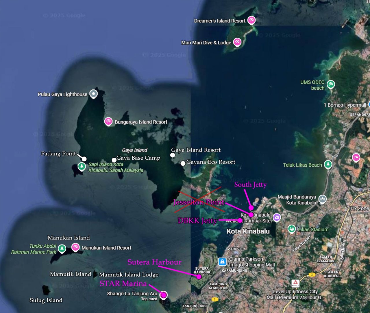 Location map of boat terminals (pink) and islands neighboring Kota Kinabalu. Note: Jesselton Point Ferry Terminal has been closed since 1 March 2026.